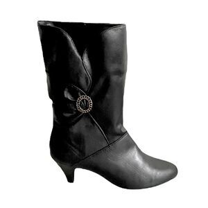 Leather Mid-Calf Sherpa Lined Heeled Boots Buckle Winter Black 10
